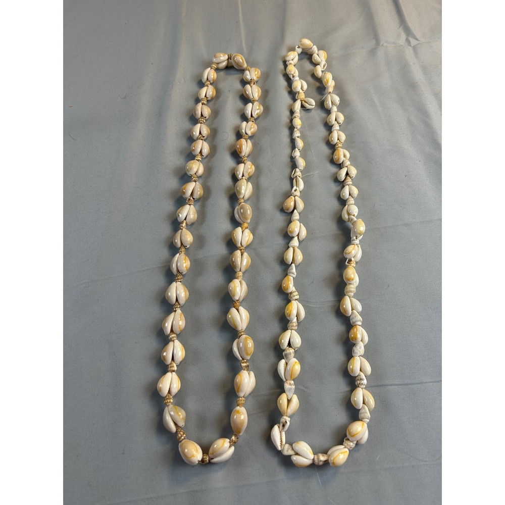 Vintage Cowrie Shell Necklace Set 2pc Natural Sea‎ Shell Boho Beach Lei Cream